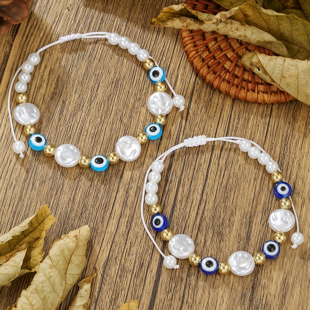

Turkish Evil Eye Bracelet New In Baroque Pearl Bracelets for Women Gift Handmade Braided Rope Jewelry