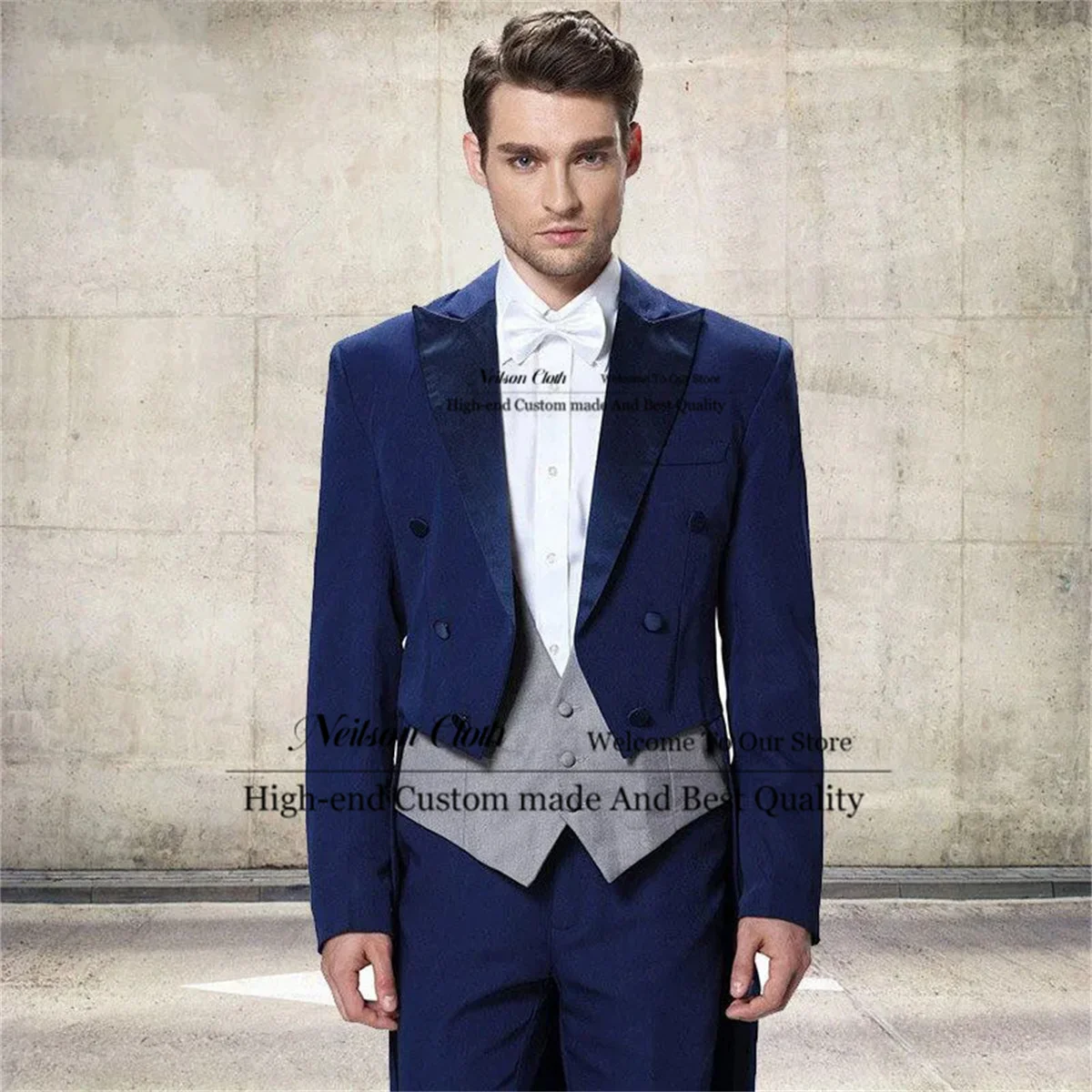 

Navy Blue Peaked Lapel Male Prom Blazers 3 Pieces Sets Tailcoat Groom Wedding Tuxedos For Men Slim Fit Groomsmen Costume Homme