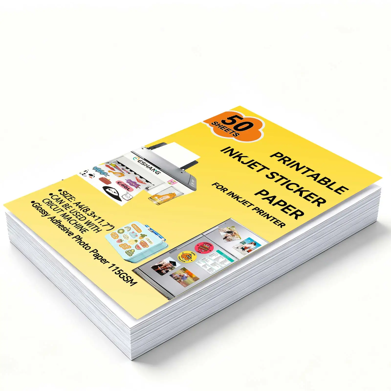 ESHANG 115GSM Glossy Printable Inkjet Sticker Photo Paper,A4 50 Sheets Papers For Handmade DIY, Product Labels, Cup Decorative