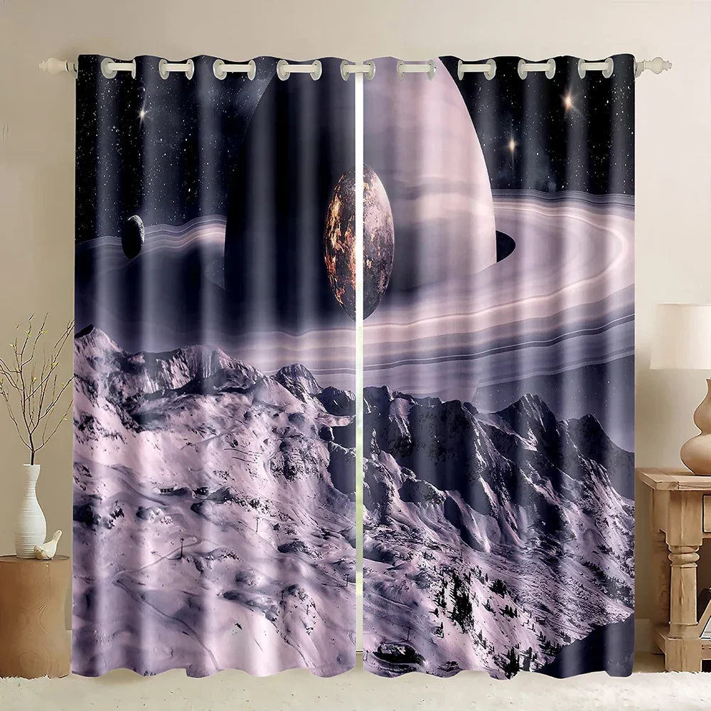 Jupiter Window Curtains,Solar System with Planets Outer Space Objects Sun Dark Background Print,Blackout Curtains Living Room