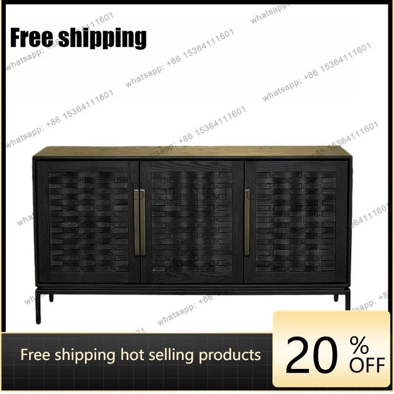 

XX medieval black solid wood woven dining side cabinet, modern simple living room, wall locker