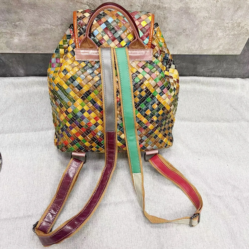 Kolorowy plecak z prawdziwej skóry kobieta prawdziwa pierwsza warstwa skóry bydlęcej torebka Vintage moda damska podwójna torba Shouder — zdjęcie 3