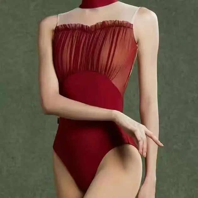 Women's Elegant Ballet Leotard Sleeveless Stand Collar Mesh Ruffle Hollow Backless Adult Girls Skating Pole Dance Suits Outfit