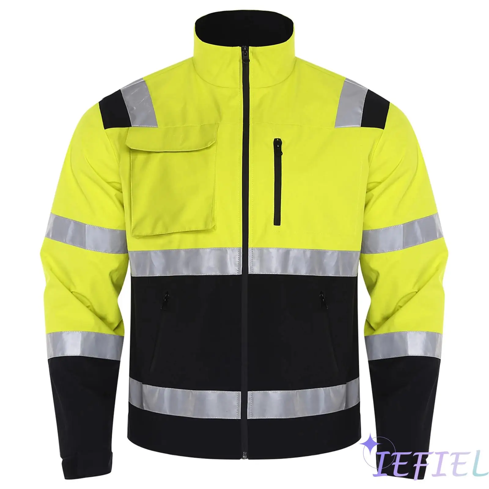 Men High Visibility Reflective Strip Jacket Water Resistant Outerwear Coat Stand Collar Long Sleeve Zipper Workwear with Pockets