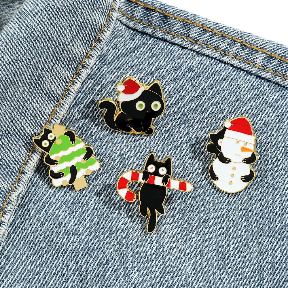 Cute Cat Christmas Style Brooch Kawaii Small Animal Badge Jewelry Candy Snowman Enamel Pins Accessories Toys Gifts for Friends