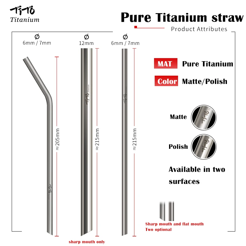 TiTo Sandblasted Reusable Metal Straws Pure Titanium Drinking Straw with Cleaner Brush for Medicine Milk Tea Beverages