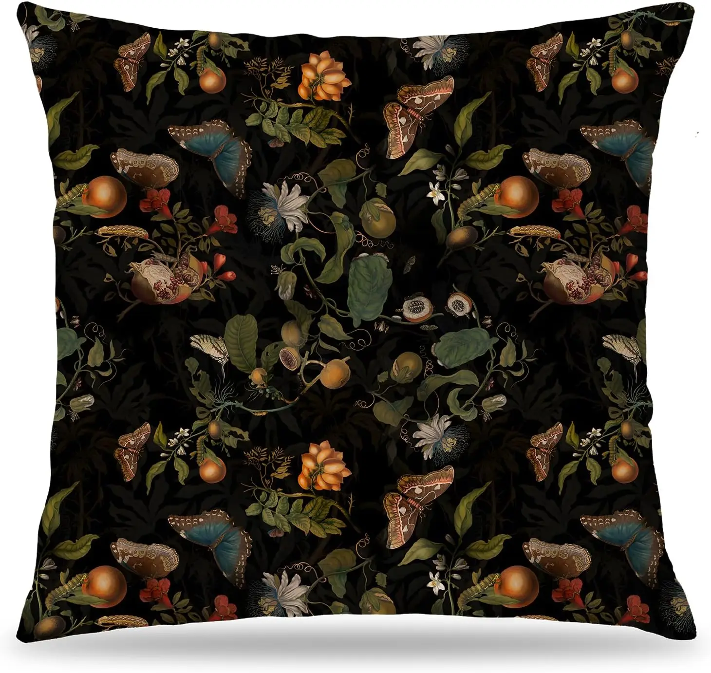 Vintage Botanical Butterfly Pillow Covers 18x18 Double-Sided, Cottagecore Room Home Decor, Dark Mystical Insects Rustic Fruits