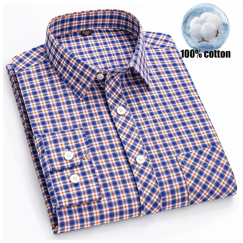 100% Pure Cotton Men's Long Sleeved Check Pattern Shirts High-quality Business Casual Slim Fashion Breathable Plaid Male Blouses