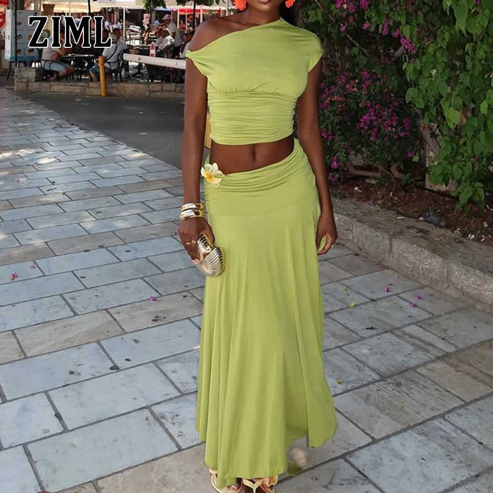 

ZIML Solid Spliced Folds Two Pieced Sets for Women Diagonal Collar Sleeveless Short Top High Waist Long Skirts Casual Set Female