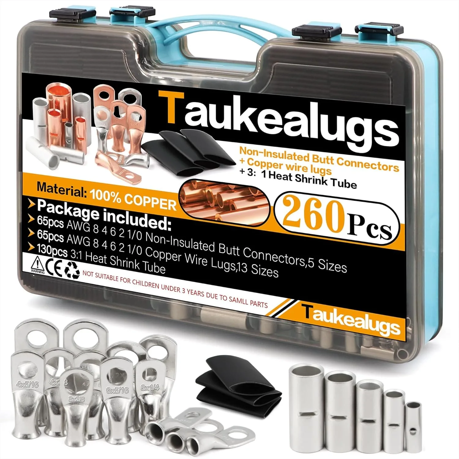 

130Pcs Battery Ring Terminals & Butt Connectors, AWG 8-1/0 Gauge Tinned Copper Lugs with 3:1 Heat Shrink Tube Kit, Two-Side Box