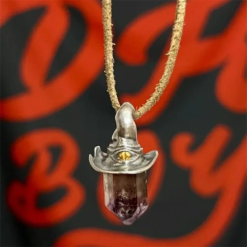 1/2pcsWitch Hat NaturalAmethyst Hexagonal Column Pendant Raw Crystal Point Necklace Halloween Party Wicca Energy Stone Accessory