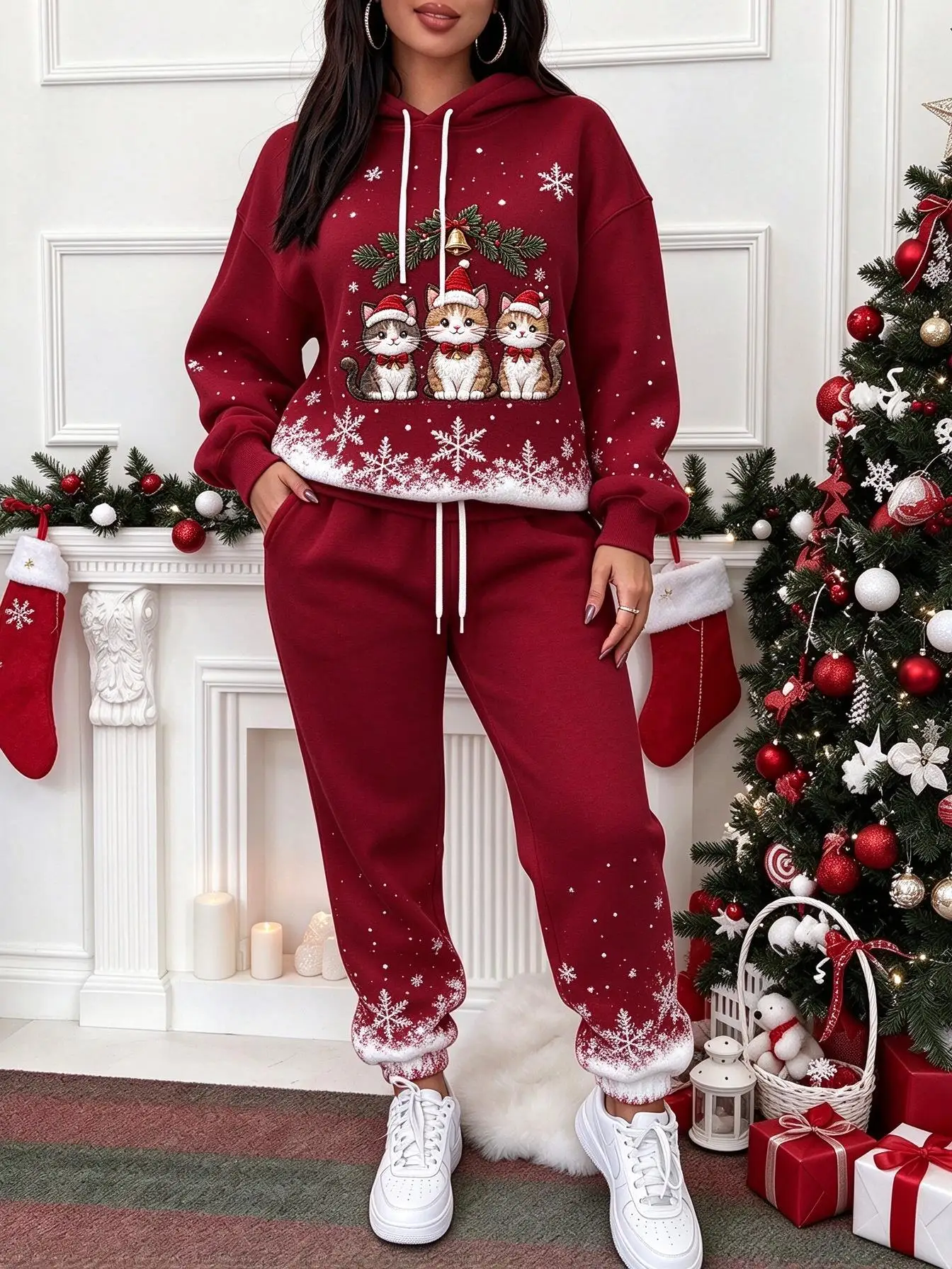 Winter Festive Christmas Embroidery Style Print 2 Piece Outfit, Hoodie and Jogger Matching Set for Women view 5