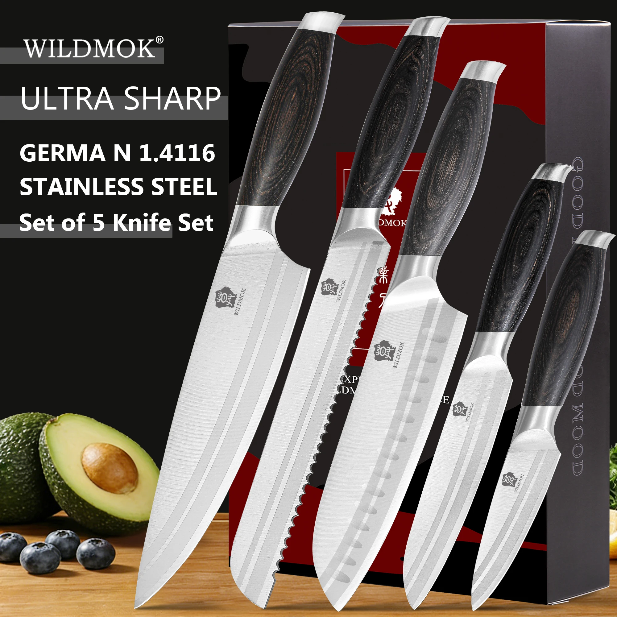WILDMOK 5 Piece Professional Kitchen Chef Knife Set, German Stainless Steel with Pakkawood Handle Cooking Knife Set