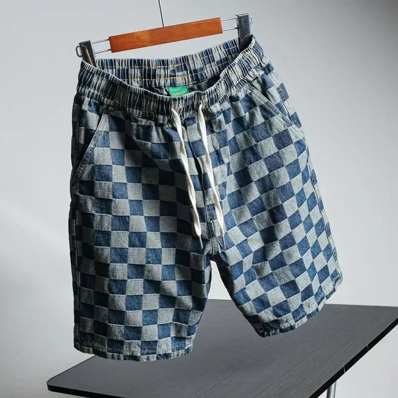 Short Jeans Pants for Men Drawstring Plaid Graphic Man Denim Shorts Popular Trend 2024 Sale Harajuku Summer Designer New in Xl