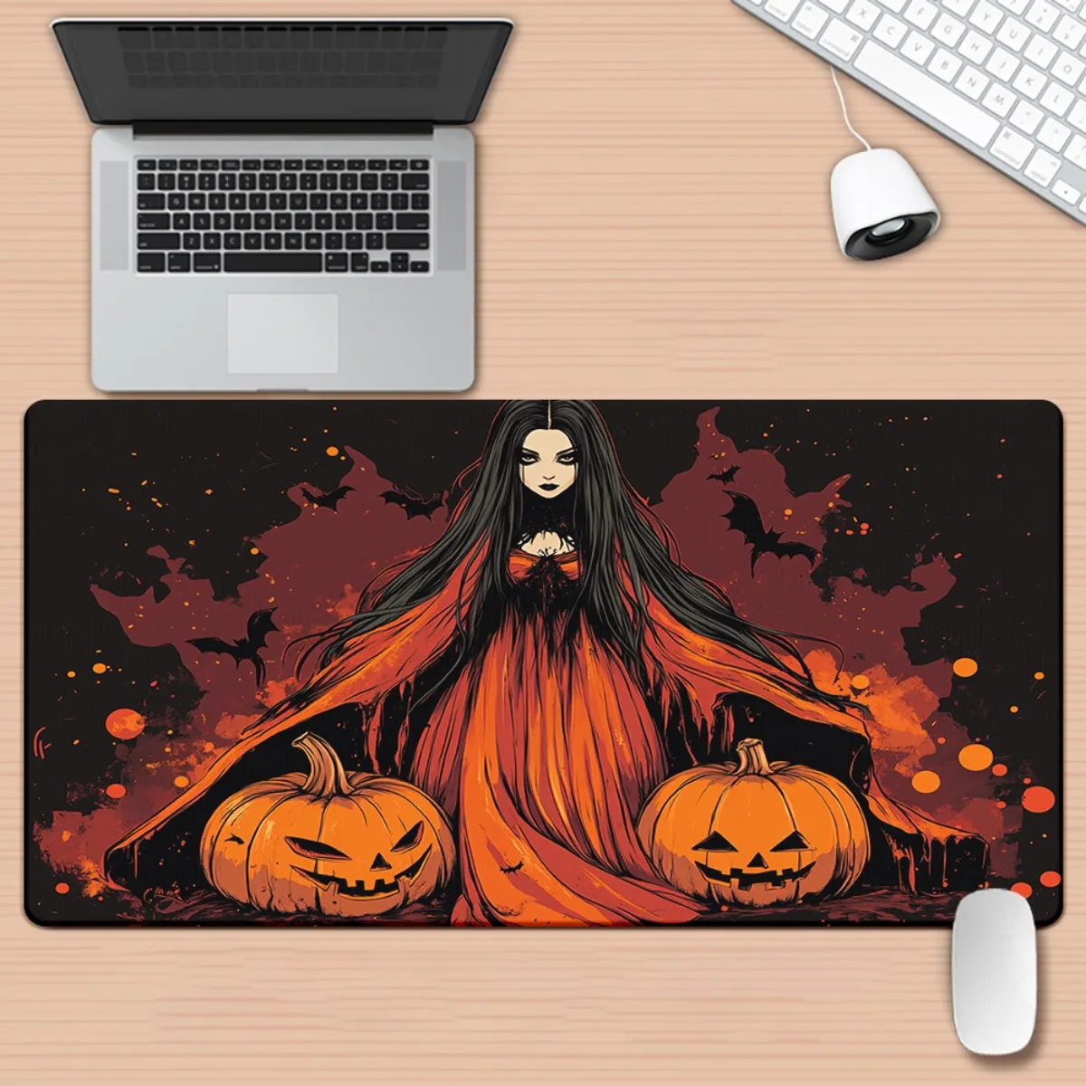 

1pc Woman in red dress with pumpkins HD Printed Pad for Desk, Multi Functional XXL Mousepad, Keyboard Gaming Mouse Mats, Office