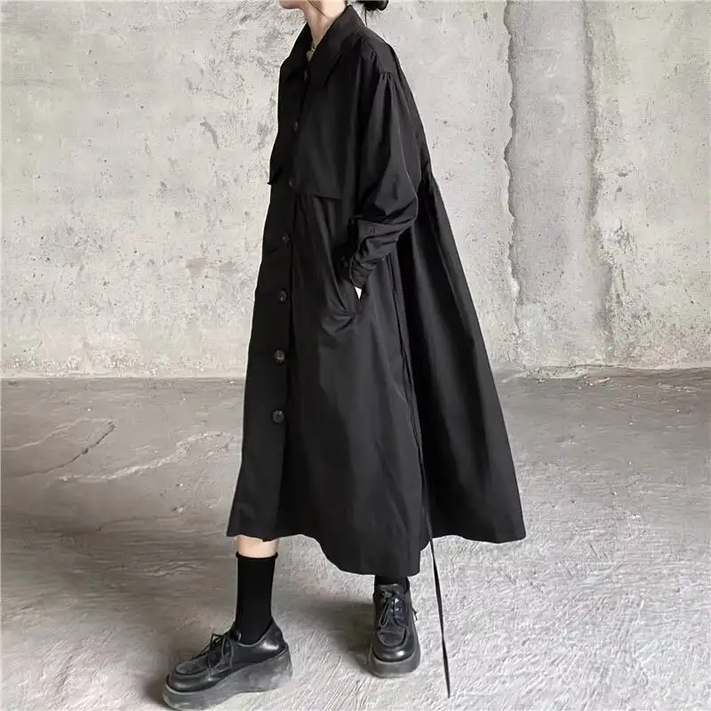 Ladies Long Trench Coat Spring And Autumn New Fashion British Retro Dark Waist Strap Casual Loose Large Size Trench Coat