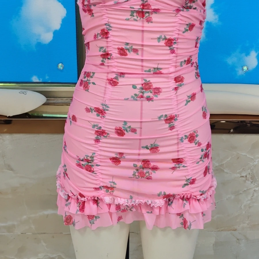 Abito da donna impertinente senza maniche aperto sul retro con scollo a V e finiture in pizzo floreale Cami Night Dress