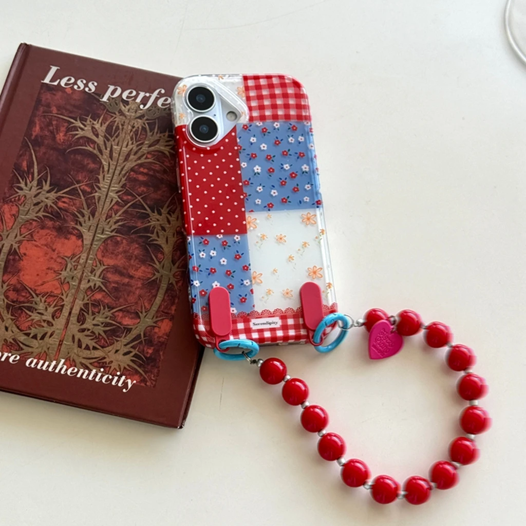 

Fun Splicing Grid Pattern Circular Dots Flowers Red Bead Chain Shock Proof Phone Cover Case for iPhone 16 15 14 13 Pro Max