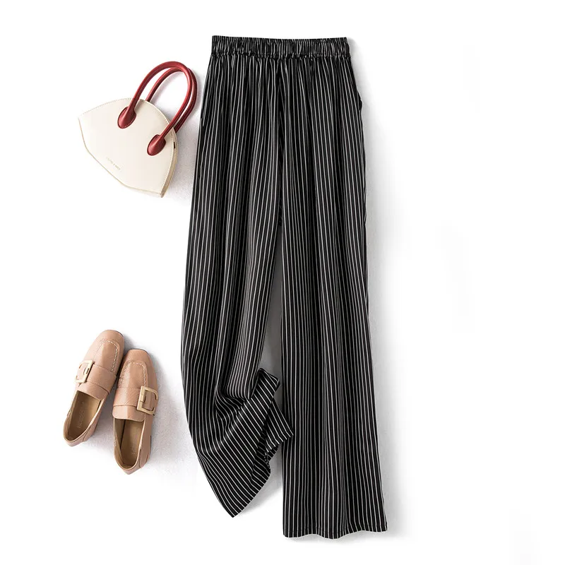 Striped Heavyweight 30MM 93% Natural Mulberry Silk Elastic Satin Women's High Waisted Casual Nine Points Straight Leg Pants