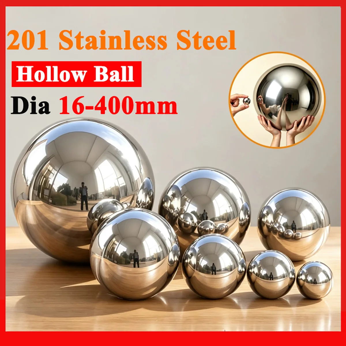 201 Stainless Steel Hollow Ball Dia 16mm-400mm Thick 1/1.2/1.5mm Mirror Finish Decorative Ball Sphere Home Garden Ornament Decor