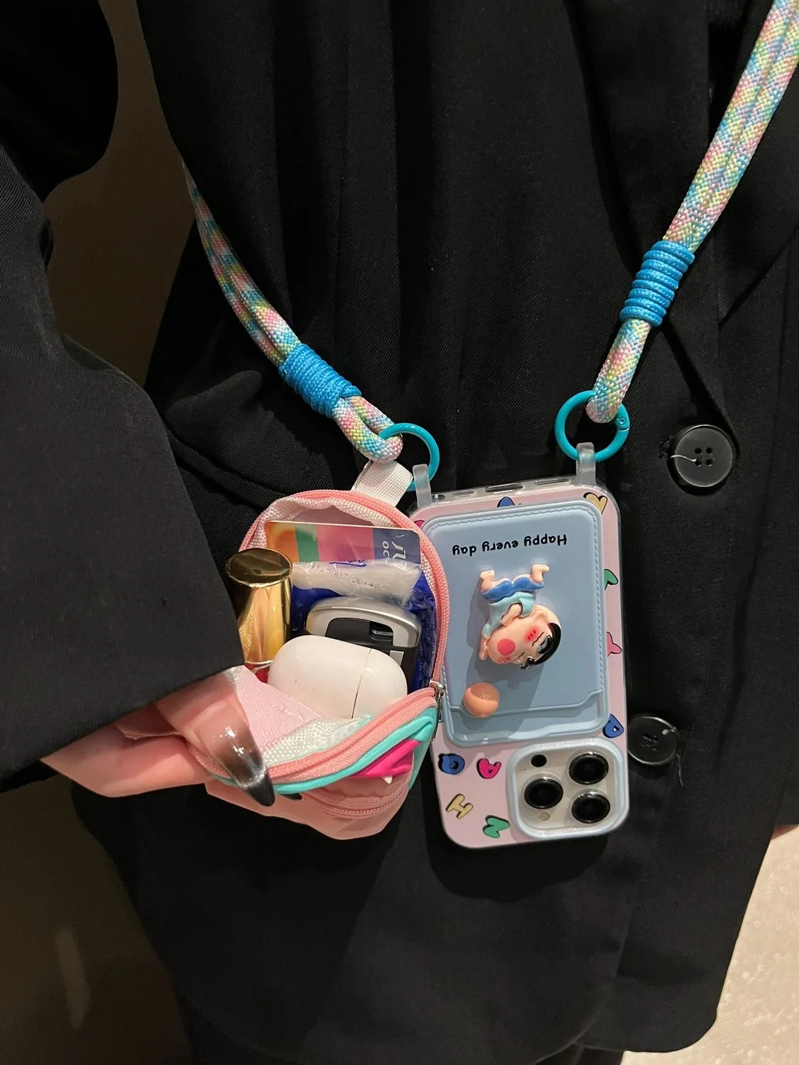 

3D Anime Cute Crayon Shin-chan Wallet card bag Lanyard Case For iPhone 11 12 13 14 15 16 Pro Max Shin-chan Wallet Earphone bag﻿