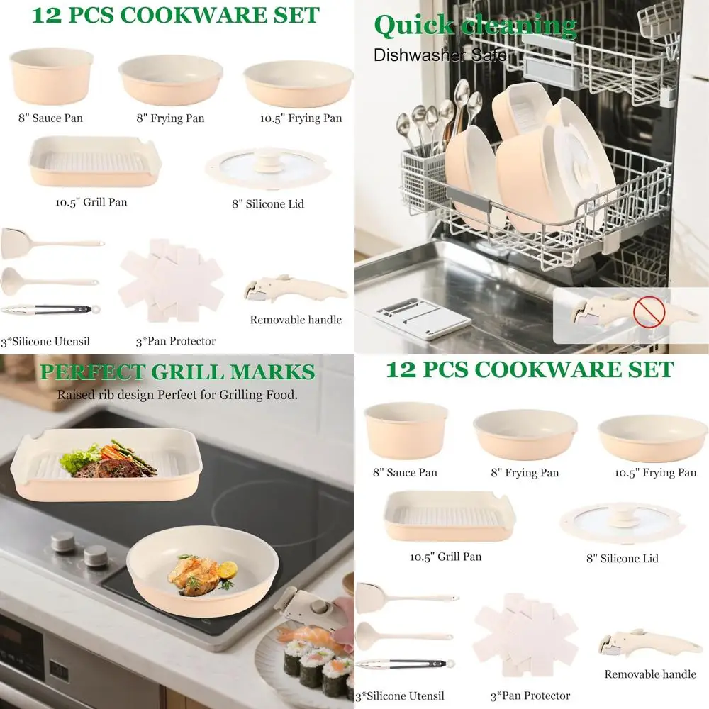

Non-Stick Detachable Handle Cookware Set, 12-Piece Pots and Pans, RV & Oven Safe, PFOA-Free Hazelnut