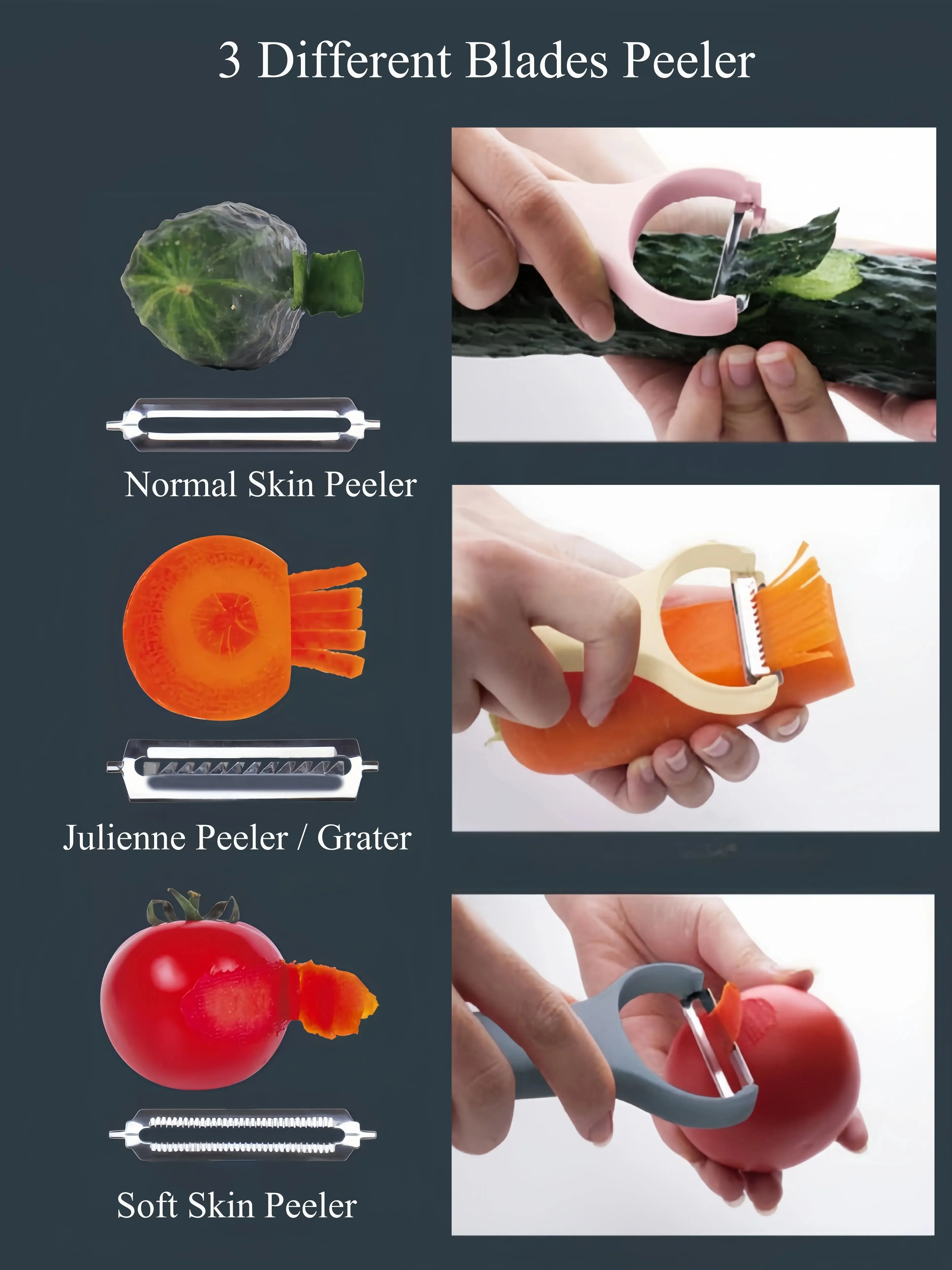 3Pcs Stainless Steel Blade Potato Peeler Julienne Peeler Fruit Vegetable Chopper Slicer Grater Set Stackable Kitchen Tools