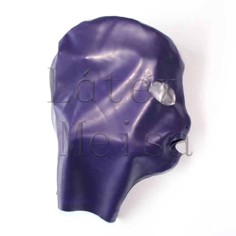 

Latex hoods metallic purple rubber head masks open eyes nostrils and mouth with back zip