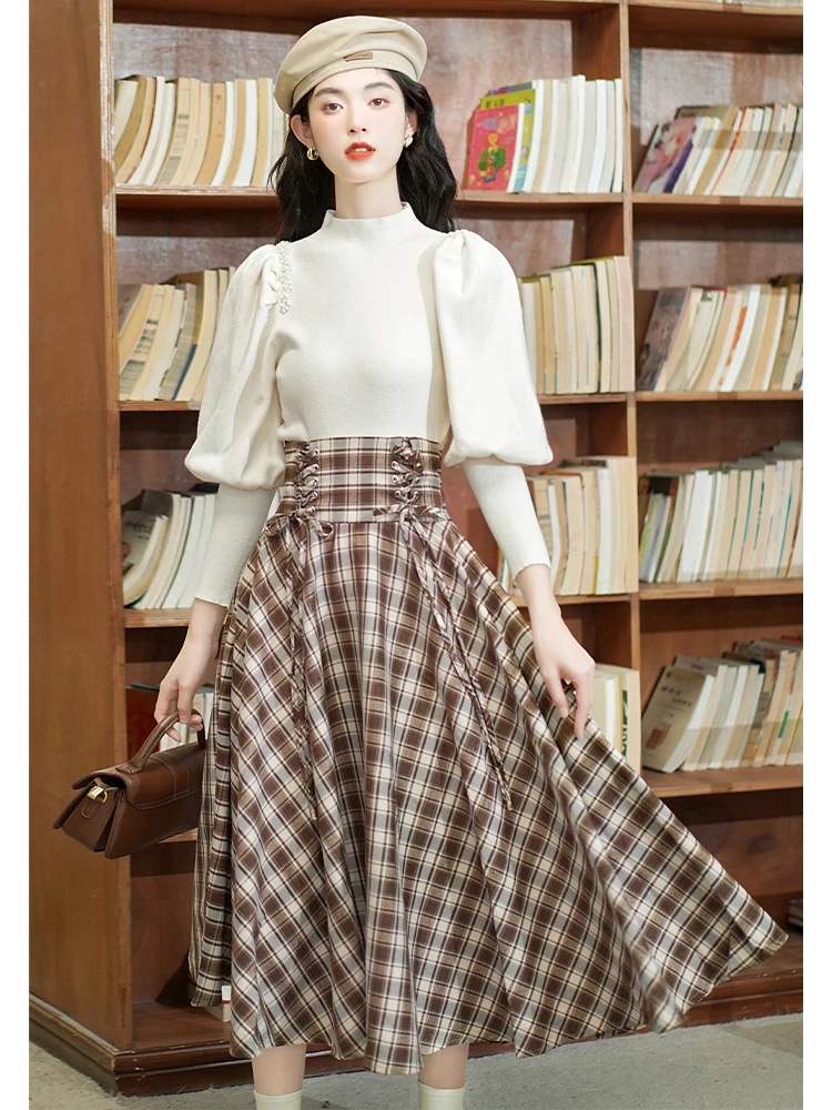 Fashion Plaid Long Skirt Women Summer Autumn High Waisted Lace Up A-Line Skirts Elegant Faldas Mujer