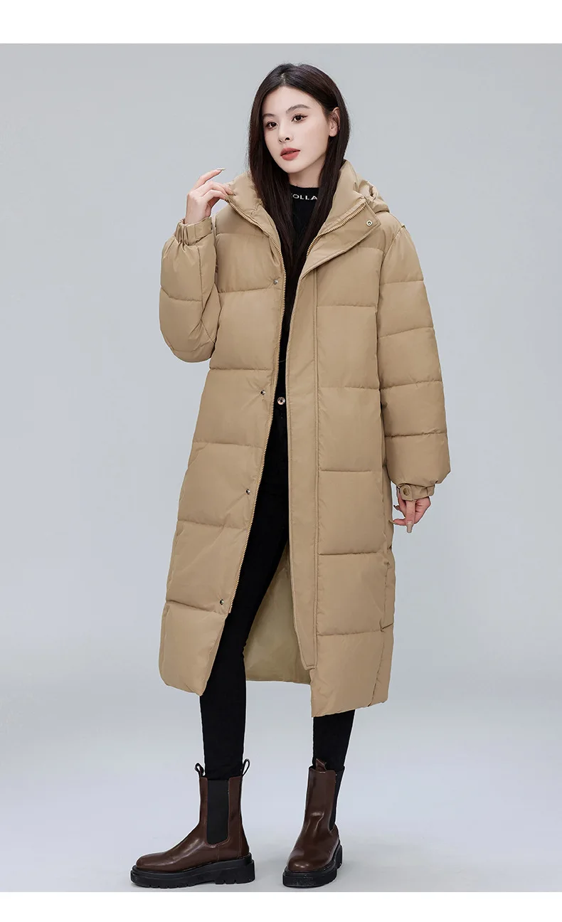 Winter Long Puffer Coat for Women Hooded Quilted Windproof Warm Zip Up Outerwear Russian Cold Weather Snow Jacket Over Knee Cozy