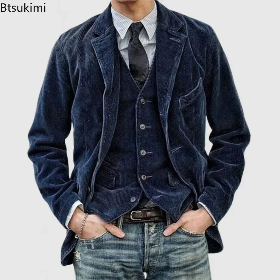 2024 Autumn Winter Men\'s Coat Jackets Corduroy Casual Suits With Shoulder Pads Fashion Lapel Long-Sleeved Solid Jacket Models