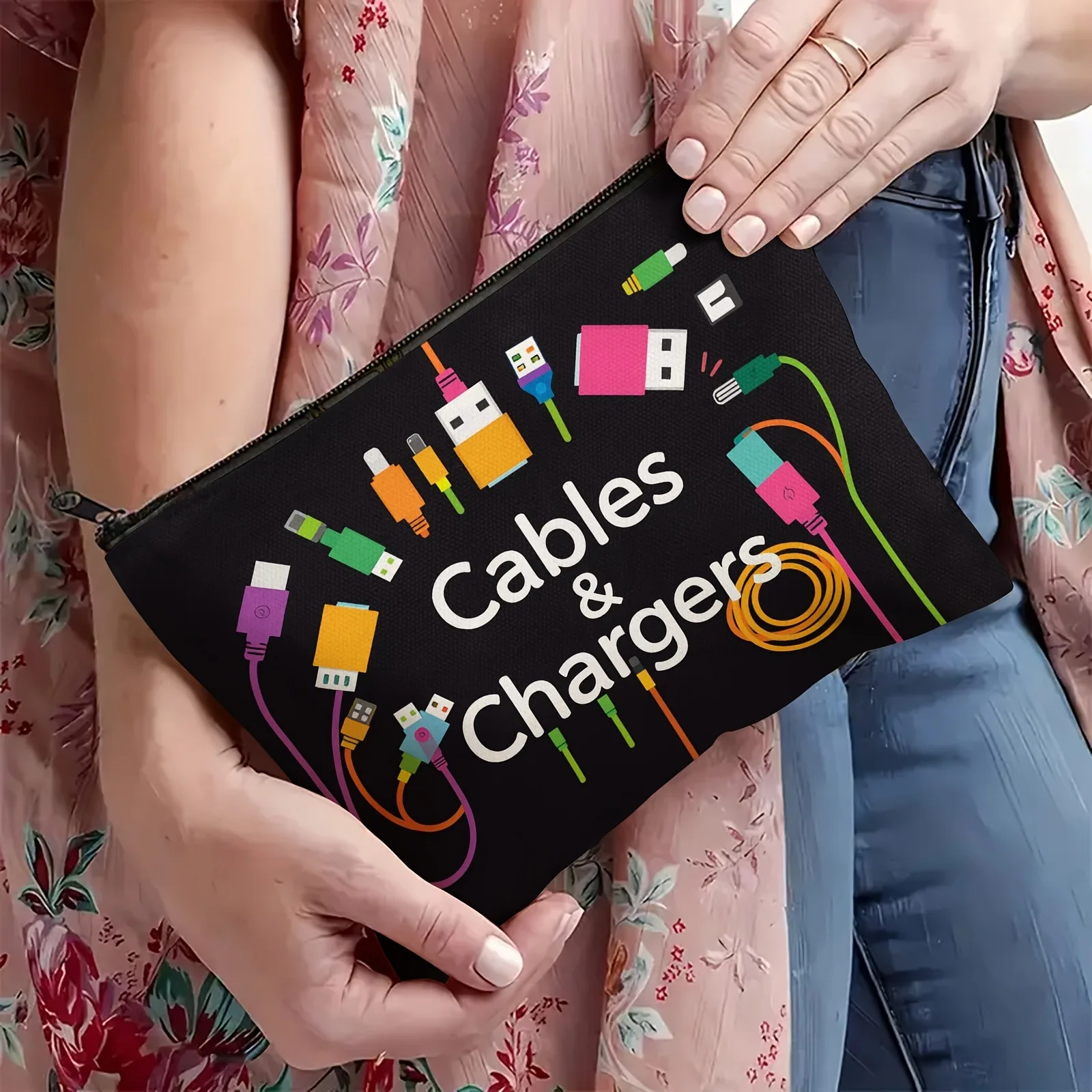 Storage Canvas Bag, Fun Data Cable Print Design, Can Store Electronic Accessories Such As Chargers, Data Cables, Headphones, Etc