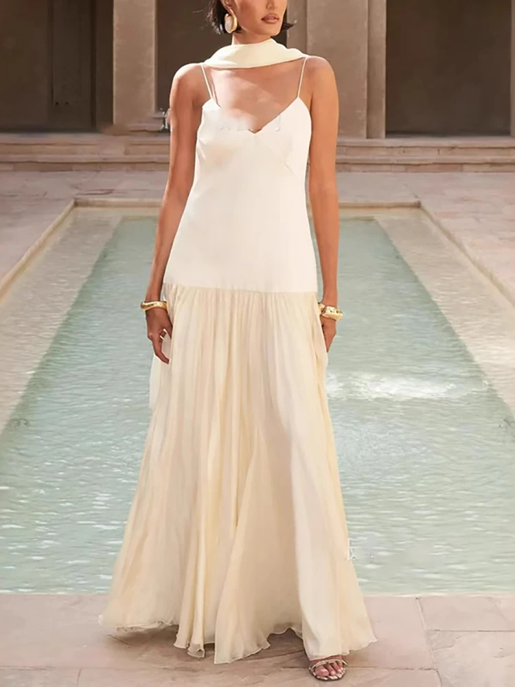 

Sexy Backless Hollow Pleated Dress Women Holiday Sleeveless Long Dress Summer Casual Solid Color V-neck Beach Maxi Dress