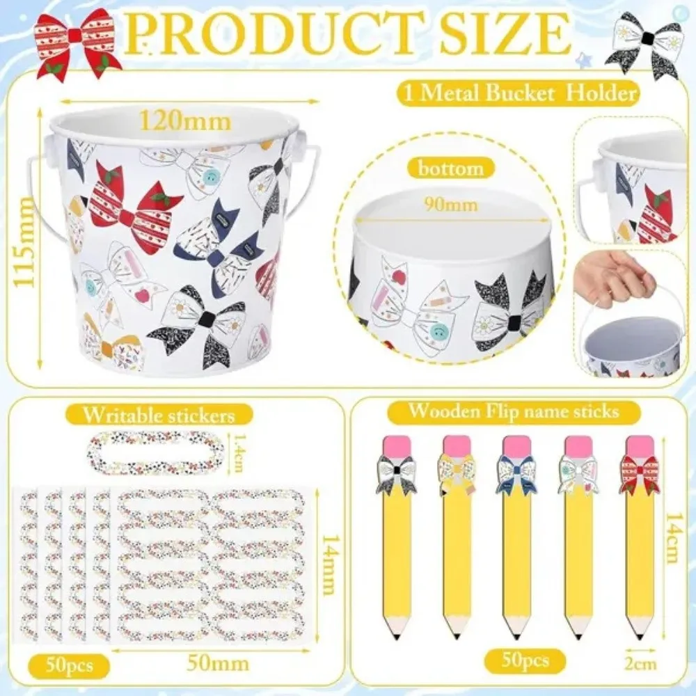 Metal Storage Bucket Teacher Name Stick Set Reusable Blank Adhesive Stickers Student Name Sticks Random Draw Themed Patterns