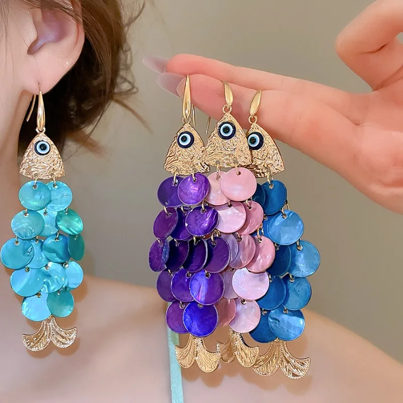 

Minar Exaggerated Multicolor Round Natural Shell Metal Triangle Evil Eyes Tassel Long Drop Earrings for Women Holiday Jewelry