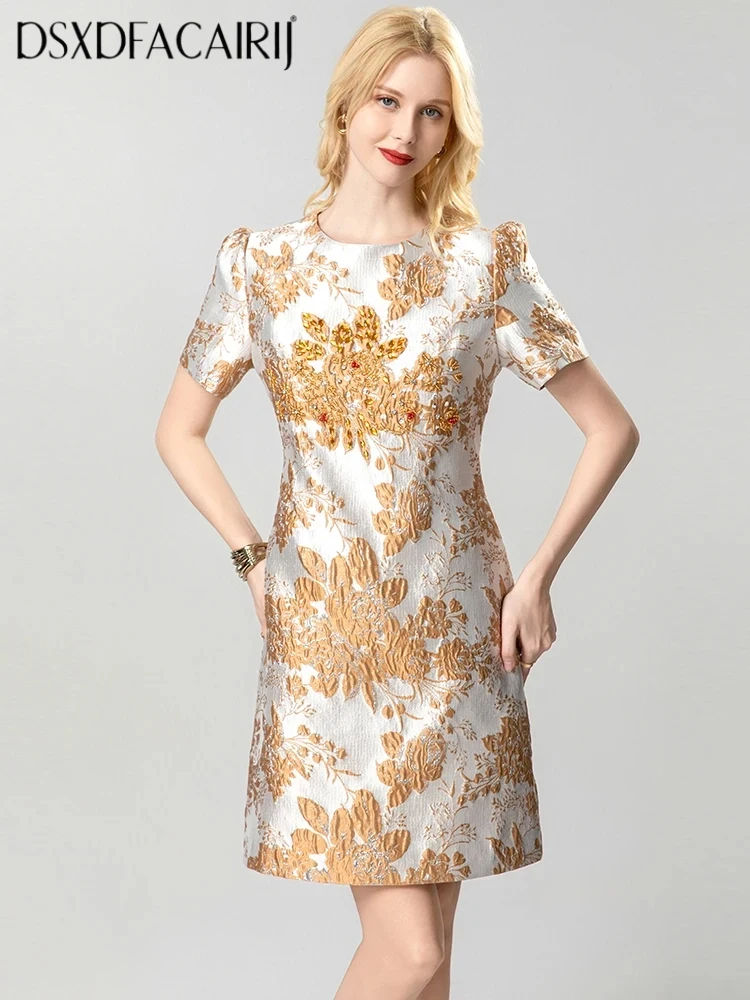 

DSXDFACAIRIJ Women's Vintage Mini Dress Crystal Diamonds Beading Jacquard O-Neck Short Sleeve Fashion Spring New