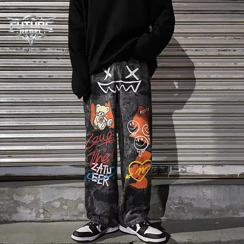 Streetwear Graffiti Cartoon Print Jeans Men Y2K Dark Wash Bear Pattern Baggy Denim Pants Hip Hop Harajuku Grunge Trousers Unisex