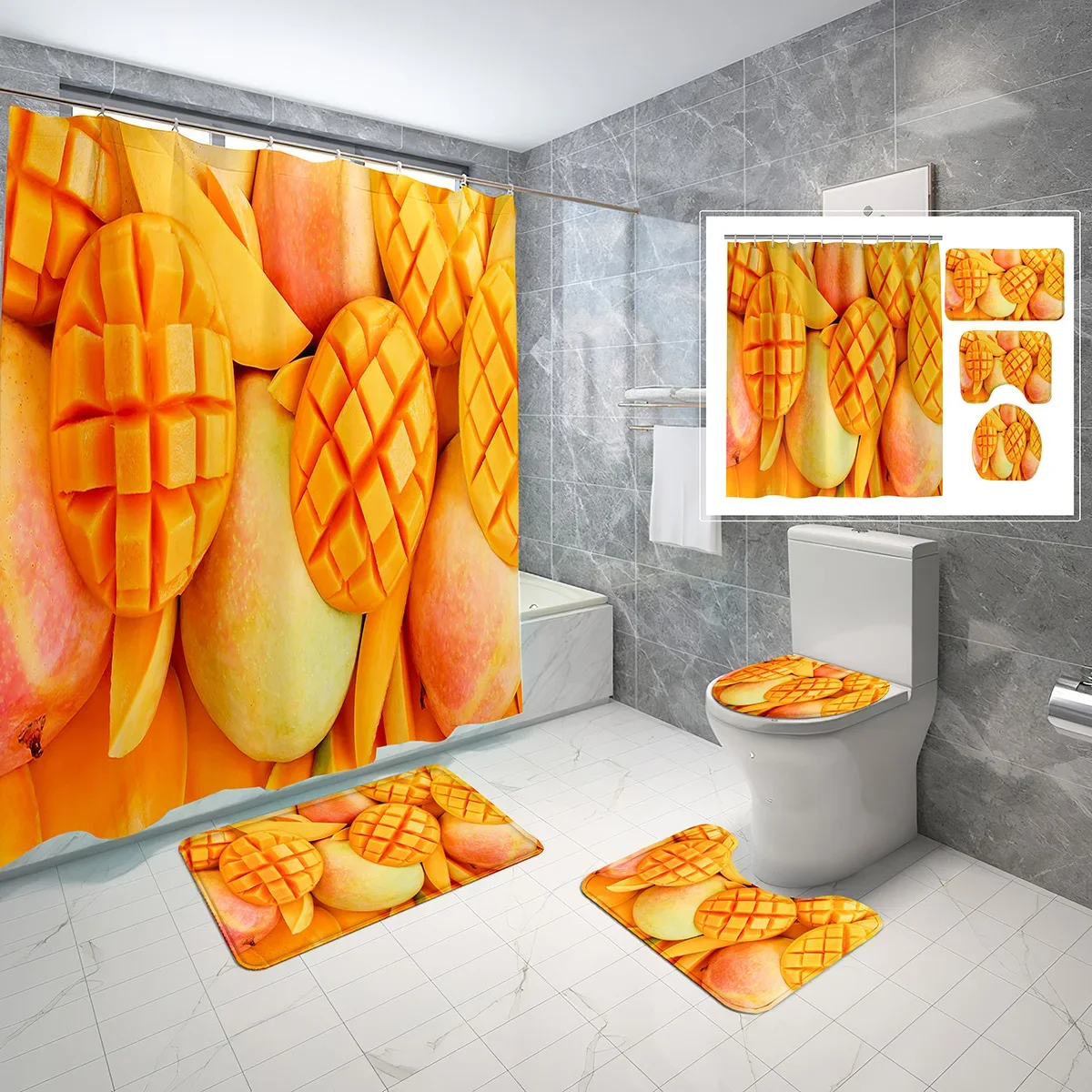 Mango Shower Curtain Sets 4 Pcs with Non-Slip Rugs Mat Toilet Lid Delicious Tropical Fruit Theme Waterproof Shower Curtain Set