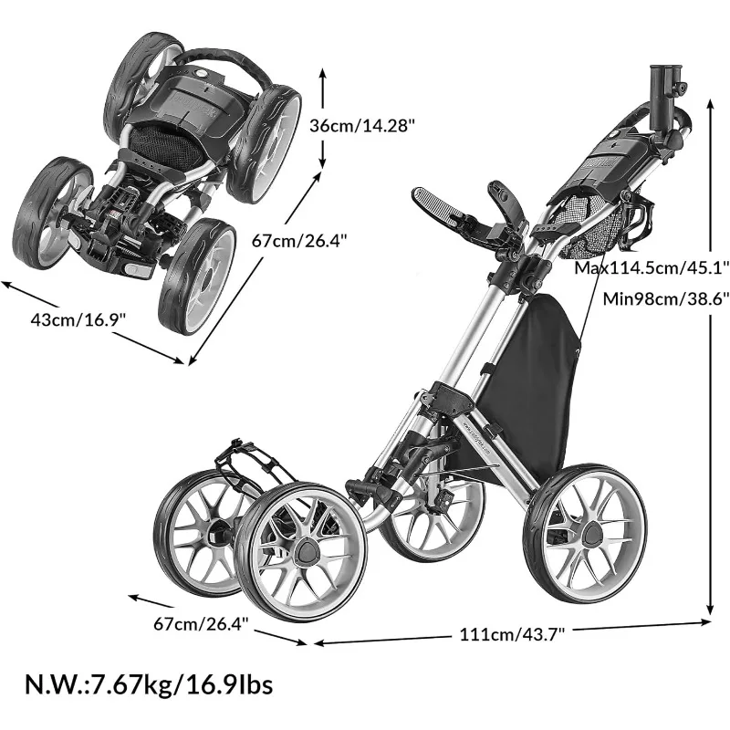 4 Wheel Golf Push Cart - Caddycruiser One Version 8 1-Click Folding Trolley - Lightweight, Compact Pull Caddy Cart, Easy to Open