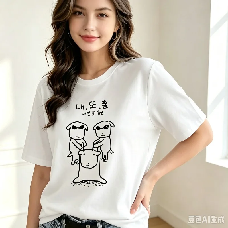Women LH.또.훌 내일 모레 T-Shirt Three Dogs Hand Drawn Korean Print Modal Casual Pet Gift Top Funny Cartoon Daily Street Aesthetic
