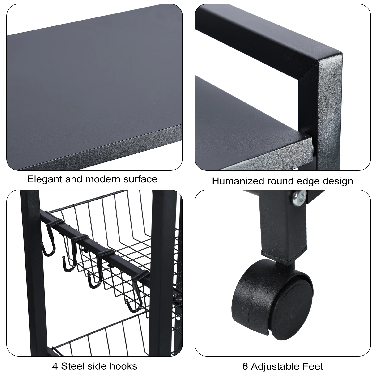 4 Tier Stackable Storage Basket with 360 Degree Wheels, Kitchen Baker Rack, Spice Rack Microwave Organizer Workstation