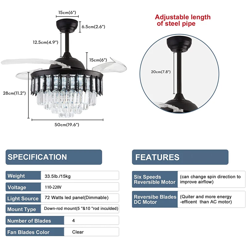 Kryształowy wysuwany żyrandol wentylator sufitowy ze zdalnym oświetleniem, nowoczesny żyrandol kryształowy z możliwością przyciemniania, niewidoczne ostrza wentylatory na sufit