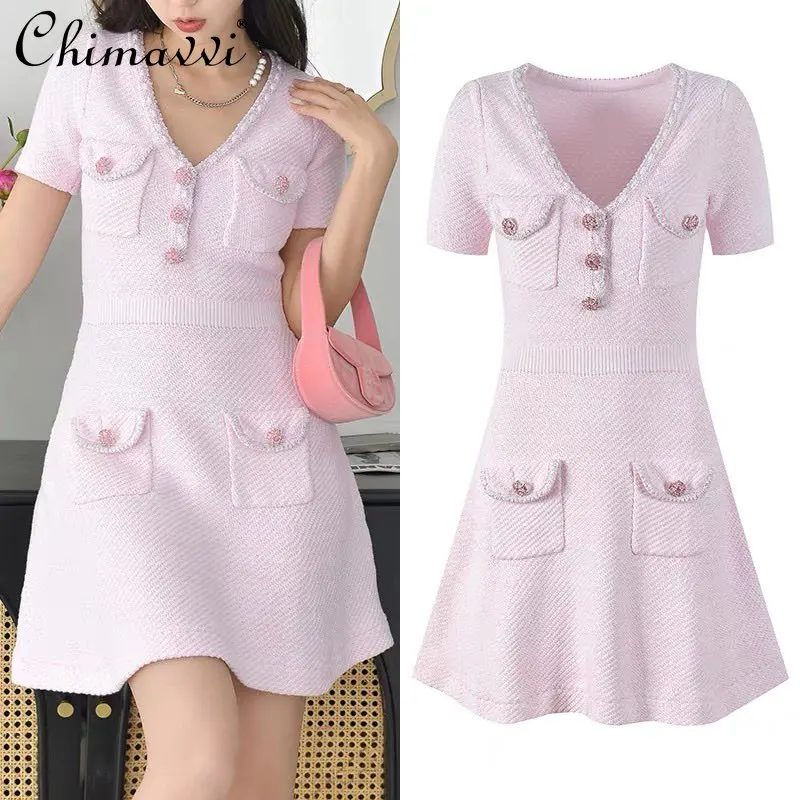 

High-End Fashion V-Neck Rhinestone Buckle Pocket Fine Shiny Piece Puff Sleeve Knitted Dress Spring Autumn New Ladies Dress