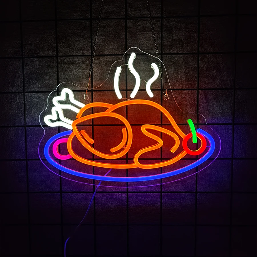 Whole Roast Turkey Plate LED Neon Sign USB Powered, Thanksgiving Neon Wall Art for Dining Room Man Cave Wall Decor, Gifts