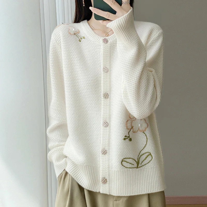 

100% Merino Wool Sweater Round Neck Thick Women's Sweater Cardigan Casual Loose Fashion Embroidered Knitted Top Winter Warm