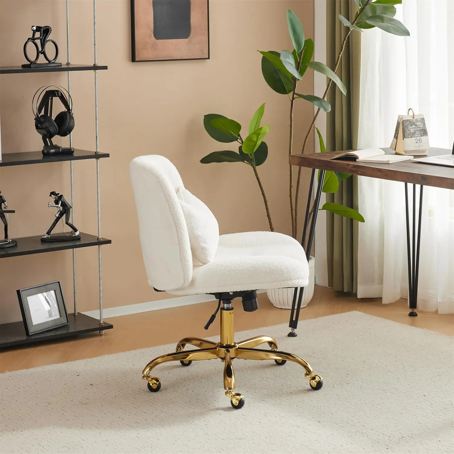 Wide Criss Cross Office Chair Ergonomic Pillow Gold Base Dual-Use no Wheels Adjustable Swivel Vanity Chair , Customized