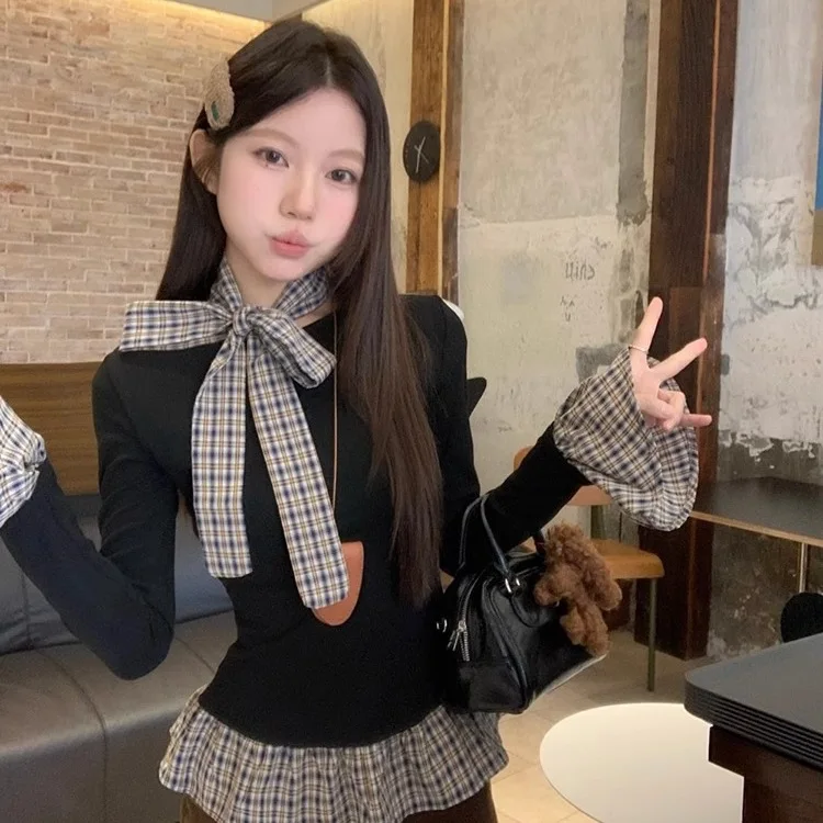 Two Plaid T-shirts Women's 2025 Spring New Slim-fitting Inner Slim Top