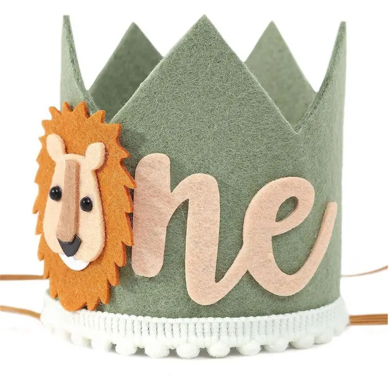 AED2-1 Year Old Kids Avocado Green Lion Birthday Crown First Baby Party White Non Woven Safari
