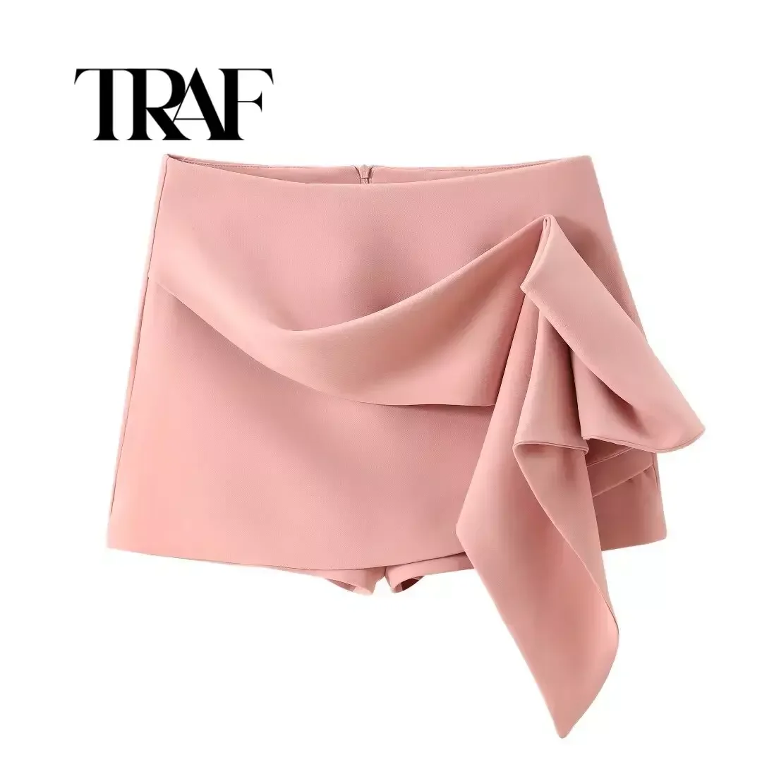 TRAF Women Fashion Shorts Pink High Waist Asymmetric Decoration Zipper Short Pant Female Summer Streetwear Style Culottes