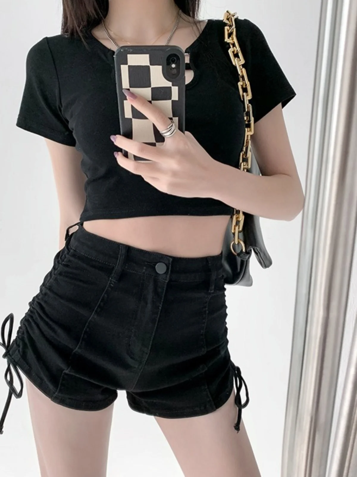 High Waist Black Sexy Girl Denim Shorts Women's Summer New Style Sexy Internet Celebrity Versatile Super Hot Pants Side Draws...